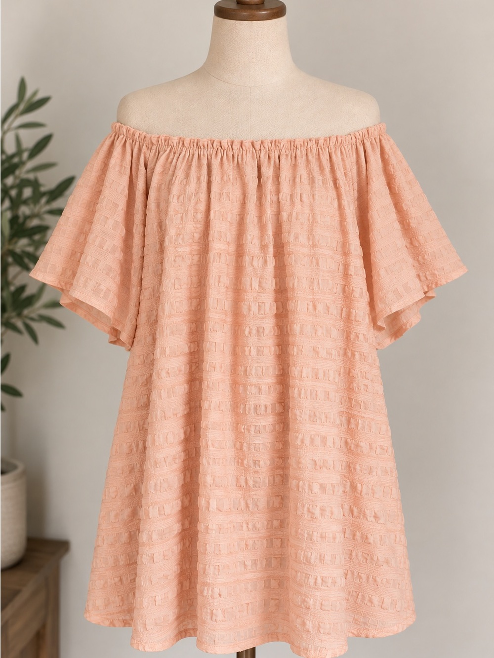 Off-Shoulder Peach Textured Summer Dress